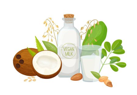 Téléchargez les illustrations : Bottle with a plant based milk. Oat, rice, coconut, soy, hemp. Vegetarian or vegan product. Alternative healthy dairy-products. Vector illustration isolated on a transparent background in cartoon - en licence libre de droit