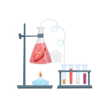 Illustration for Lab grown meat concept. Pork growing n test room. Cell cultured beef image in cartoon style. Editable vector illustration isolated on a transparent background. - Royalty Free Image