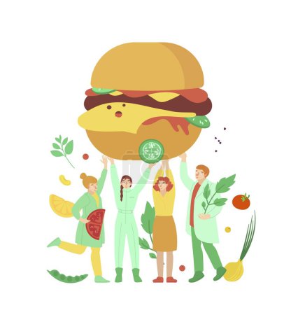 Téléchargez les illustrations : Plant based protein concept. People holding burger. Healthy natural vegan and vegetarian food. Graphic design. Editable vector illustration isolated on a white background. - en licence libre de droit