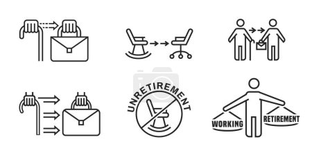 Illustration for The unretirement icons set. Back to work outlined symbol. Reentering the workforce pictogram. Older workers return to paid employment. Vector illustration in black color on a transparent background. - Royalty Free Image