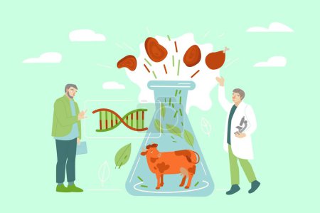 Illustration for Lab grown meat. Cell cultured beef concept in flat style. Artificial beef laboratory. Innovative food production. Editable vector illustration isolated on a light background. - Royalty Free Image