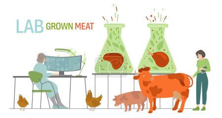 Illustration for Lab grown meat. Cell cultured beef concept in flat style. Artificial beef laboratory. Innovative food production. Editable vector illustration isolated on a white background. - Royalty Free Image