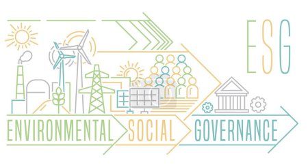 Umwelt, Soziales und Governance ESG. Sammlung von Kriterien zur Bewertung der Unternehmensleistung, die die Robustheit von Governance-Mechanismen beurteilen. Editierbare Vektorabbildung.