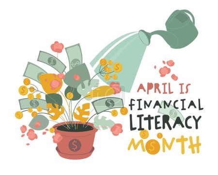 Financial literacy month. National event. Business success, personal finance education concept. Reviewing your attitude towards finances. Poster, print, banner. Editable vector illustration in flat