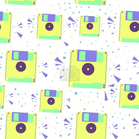 Téléchargez les illustrations : Y2K seamless pattern with floppy disks. Late 90s early 2000s. Trendy, free, futuristic, fun aesthetic. Nostalgia concept. Vector illustration in lime, violet, lemon colors. Decorative background - en licence libre de droit