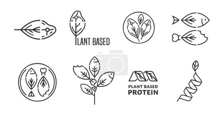 Illustration for Plant based protein sign. Eating less meat. Alternative protein sources. Healthy lifestyle collection. Graphic pictograms, emblems, icons. Editable vector illustration isolated on a transparent - Royalty Free Image