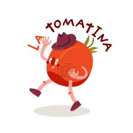 Illustration for La tomatina. Food festival in Spain. Worlds biggest tomato fight. Traditional event. Strong tradition in Bunol. Creative character. Editable vector illustration isolated on a white background. - Royalty Free Image