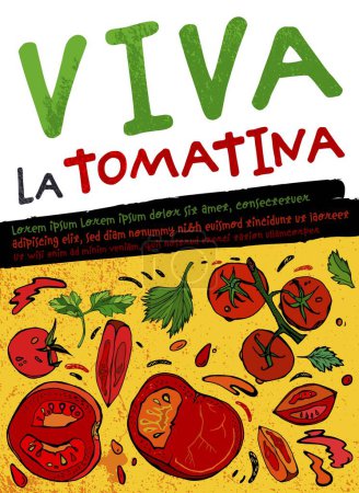 Illustration for La tomatina. Food festival in Spain. Worlds biggest tomato fight. Traditional event. Strong tradition in Bunol. Creative lettering. Editable vector illustration. Vertical poster background. - Royalty Free Image