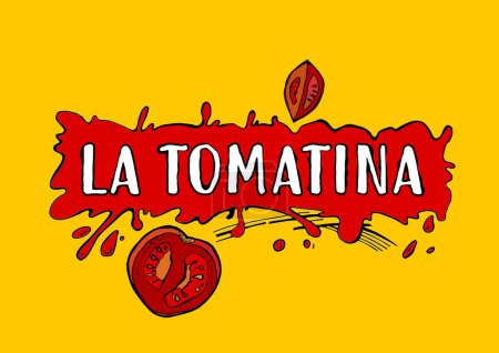 Illustration for La tomatina. Food festival in Spain. Worlds biggest tomato fight. Traditional event. Strong tradition in Bunol. Creative lettering. Editable vector illustration. Landscape poster background. - Royalty Free Image