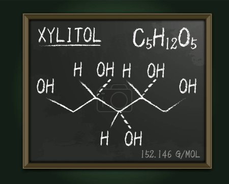 Illustration for Molecular structure of a sweetener Xylitol on a blackboard in school. Formula C5H12O5. Birch sugar. Food additive. Educational Image. Editable isolated vector illustration. Landscape background - Royalty Free Image