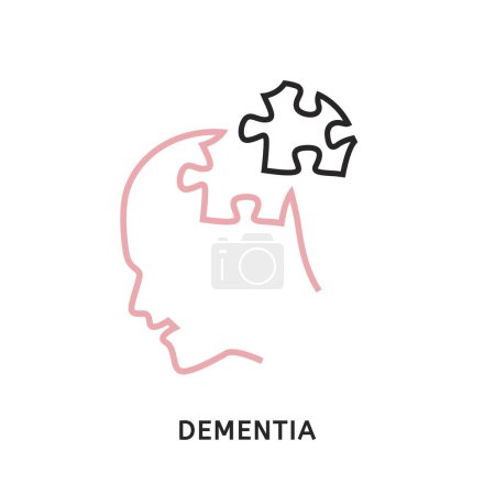 Vector mental disorders icon, pictogram, sign in outline style. Medical editable illustration in pink and black color isolated on white background. Dementia, Alzheimers disease by elderly people