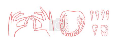 Téléchargez les illustrations : Orthodontic silicone trainer. Invisible braces retainer. Medical concept. Hand holding aligner. Under jaw. Hand drawn style. Editable vector illustration isolated on a white background. - en licence libre de droit