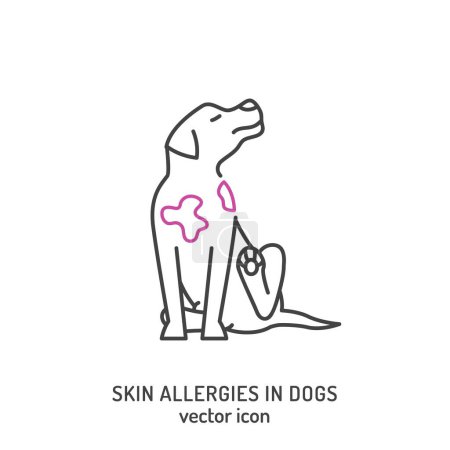 Hundehaut-Probleme. Allergien bei Hunden treten auf. Umriss Piktogramm. Haarausfall, Juckreiz, Allergien, Schorf. Tierische Parasiten. Editierbare Vektorillustration im Umrissstil auf weißem Hintergrund