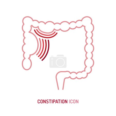 Illustration for Constipation linear pictogram, symbol. Retention of feces problem. Intestinal obstruction. Medical sign in outline style. Editable vector illustration in pink, red colors isolated on white background. - Royalty Free Image