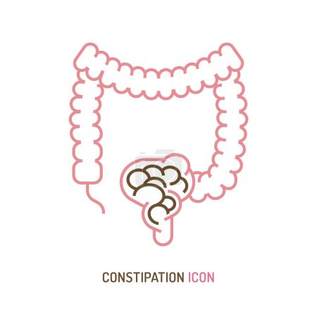 Illustration for Constipation linear pictogram, symbol. Retention of feces problem. Intestinal obstruction. Medical sign in outline style. Editable vector illustration in pink, brown colors isolated on white - Royalty Free Image