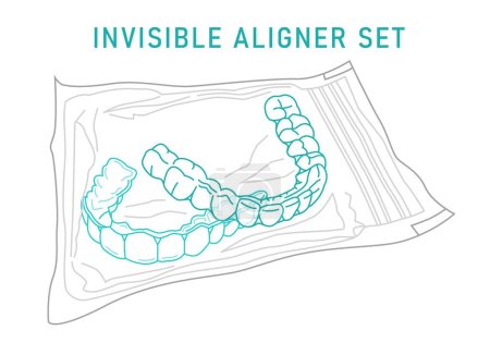Orthodontic silicone trainer. Invisible braces aligner, retainer. Outside view. Under, upper jaw. Mandibula, Maxilla. Horizontal medical poster. Editable vector illustration on a white background.