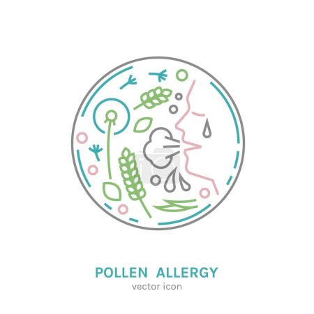 Téléchargez les illustrations : Types d'allergie. Allergies causées par le pollen des plantes pollinisées par le vent. Nez liquide et bouché. Icône médicale créative dans le style contour. Illustration vectorielle modifiable isolée sur fond blanc. - en licence libre de droit
