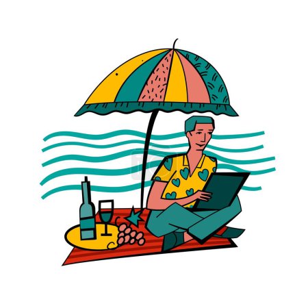 Illustration for Bleisure poster. Travel, work and relax at the same time. Remote work, digital nomadism, self-employment. Super prominent trend. Travelling and working. Vector illustration isolated in a pop art style - Royalty Free Image