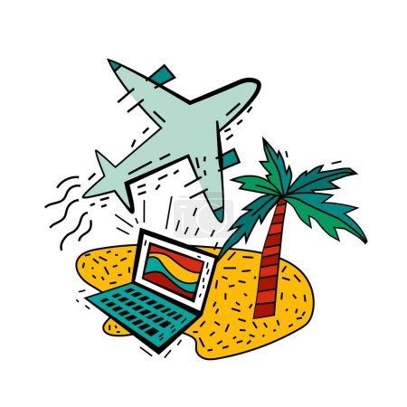 Illustration for Bleisure symbol. Travel, work and relax at the same time. Remote work, digital nomadism, self-employment. Super prominent trend. Hand drawn icon. Vector illustration isolated on a white background. - Royalty Free Image
