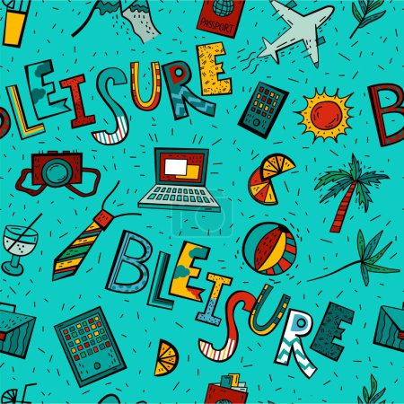 Illustration for Bleisure seamless pattern. Travel, work and relax at the same time. Remote work, digital nomadism, self-employment. Super prominent trend. Editable vector illustration isolated on a blue background. - Royalty Free Image