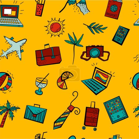 Illustration for Bleisure seamless pattern. Travel, work and relax at the same time. Remote work, digital nomadism, self-employment. Super prominent trend. Editable vector illustration isolated on a yellow background. - Royalty Free Image