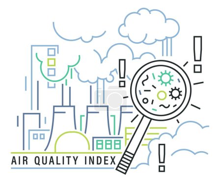 Illustration for Air Quality Index poster, outline banner. AQI. Particulate matter. Quantities of substances measurement in a city. Environmental protection. Editable vector illustration isolated on a white background - Royalty Free Image