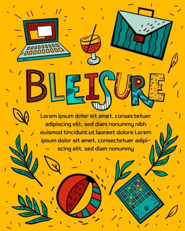Illustration for Bleisure poster. Travel, work and relax at the same time. Remote work, digital nomadism, self-employment. Super prominent trend. Travelling and working. Vertical vector illustration in a pop art style - Royalty Free Image