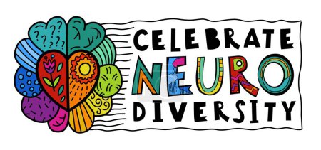 Célébrez la neuro diversité. Lettrage créatif dessiné à la main dans un style pop art. L'esprit humain et la diversité des expériences. Une société inclusive et compréhensible. Illustration vectorielle isolée sur fond blanc