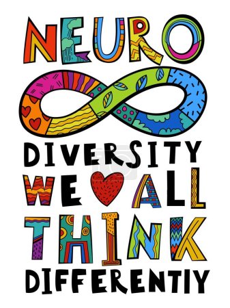 Diversidad neuronal, aceptación del autismo. Letras creativas dibujadas a mano en un estilo de arte pop. Mentes humanas y experiencias de diversidad. Sociedad inclusiva y comprensiva. Ilustración vectorial sobre fondo blanco