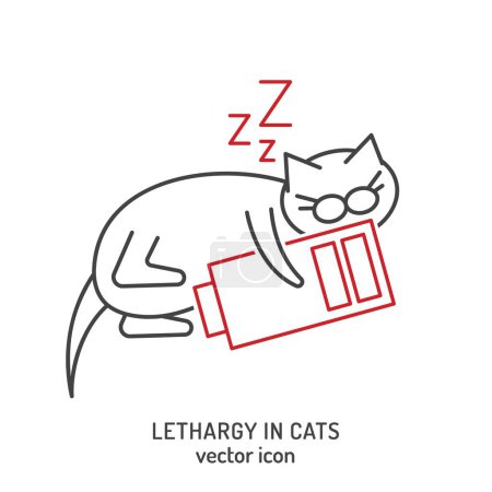 Illustration for Cat fatigue and lethargy icon. Apathy in cats. Sleepy, drowsy state, inflammation in felines. Pet health concerns. Editable vector illustration in line style isolated on a white background - Royalty Free Image