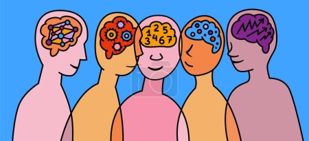 Illustration for Human mind and experience diversity. Neurodiversity, autism acceptance. Differences in personality characteristics. An inclusive, understanding society. Vector illustration in colorful pop art style. - Royalty Free Image