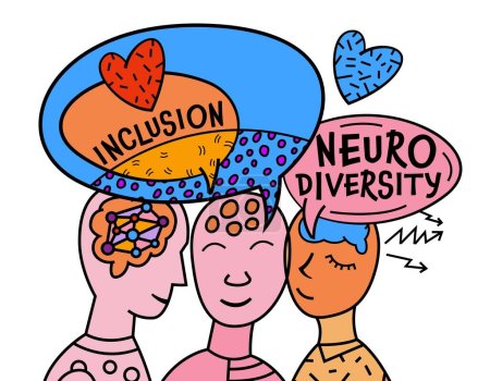Illustration for Human mind and experience diversity. Neurodiversity, autism acceptance. Differences in personality characteristics. An inclusive, understanding society. Vector illustration in colorful pop art style. - Royalty Free Image