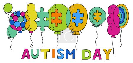 Illustration for Autism awareness day. Autistic spectrum disorder landscape poster. ASD banner, print. Editable vector illustration in vibrant colors with creative lettering and balloons on a white background - Royalty Free Image
