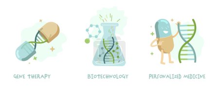 Illustration for Biotechnology, genetic testing and gene therapy. Laboratory research medical concept. DNA heredity test. Personal genetic analysis report. Vector illustration isolated on a white background. - Royalty Free Image