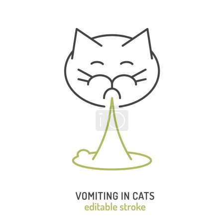 Illustration for Vomiting cat icon. Feline stomach problem. Pet health concerns. food allergies, dietary issue. Gastrointestinal upset in cats. Editable vector illustration in line style isolated on a white background - Royalty Free Image