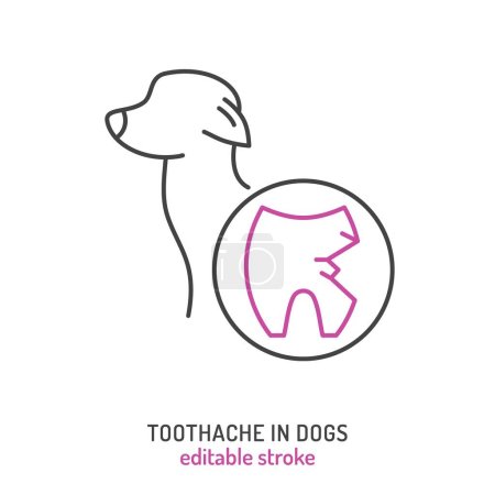 Illustration for Toothache in dogs. Linear icon, pictogram, symbol. Dental pain. Infected tooth. Painful disease. Veterinarian concept. Editable isolated vector illustration in outline style on a white background - Royalty Free Image