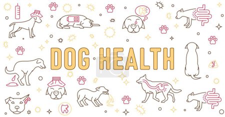 Perros salud paisaje pancarta, impresión, cartel. Clínica para perros para pacientes caninos. Amplia experiencia en medicina veterinaria. Ilustración vectorial en estilo de línea aislada sobre fondo blanco