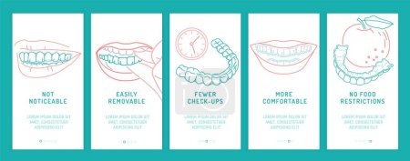 Orthodontic silicone trainer. Invisible braces aligner banner. Medical banner in outline style. Benefits infographics. Landscape print. Editable vector illustration in linear style on white background
