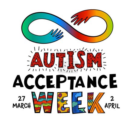 Autism acceptance week. Autistic spectrum disorder landscape poster. ASD banner, print. Editable vector illustration in vibrant colors with handmade lettering and fonts on a white background