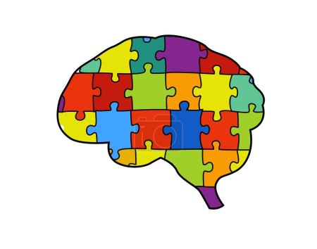 Símbolo cerebral compuesto por un vibrante espectro de colores. Los rompecabezas representan la diversidad de las mentes y experiencias humanas. Ilustración vectorial editable dibujada a mano aislada sobre un fondo blanco