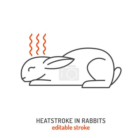 Conejo golpe de calor y fiebre icono. Hipertermia en conejos. Temperatura corporal elevada, inflamación en mascotas. Preocupaciones de salud. Ilustración vectorial editable en estilo de línea aislada sobre un blanco