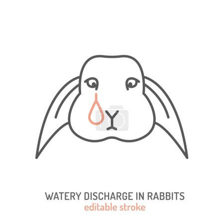 Watery discharge from rabbits eyes. Common pet disease symbol. Sad crying face. Outline icon, sign. Veterinarian concept. Editable isolated vector illustration in outline style on a white background