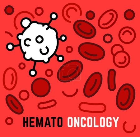 Illustration for Hemato oncology. Interdisciplinary medical specialty. Cancer and tumors investigation concept in outline style. Blood cells in an artery. Editable vector illustration isolated on a red background - Royalty Free Image