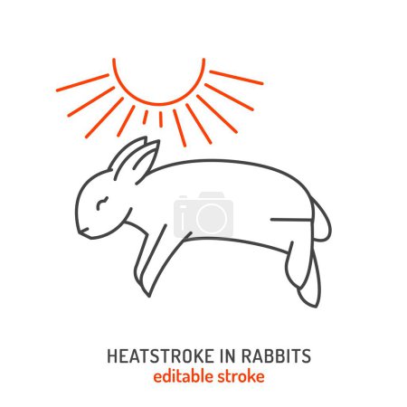 Rabbit heatstroke and fever icon. Hyperthermia in rabbits. Elevated body temperature, inflammation in pets. Pet health concerns. Editable vector illustration in line style isolated on a white