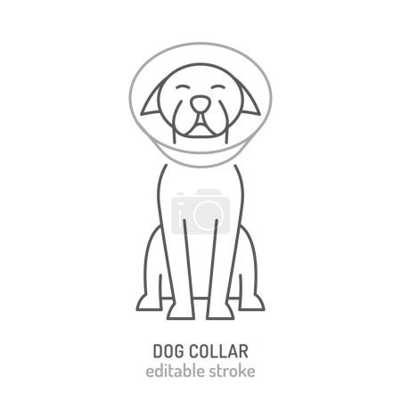 Ilustración de Un collar isabelino, icono del collar E. Ruff mascota, signo de cono de perro. Dispositivo médico protector. Pictigrama lineal. Mordiendo, lamiendo prevención. Ilustración vectorial editable aislada sobre fondo blanco - Imagen libre de derechos