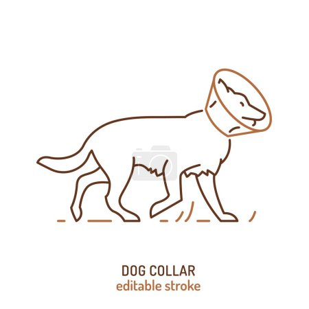 Illustration for An Elizabethan collar, E collar icon. Pet ruff, dog cone sign. Protective medical device. Linear pictigram. Biting, licking prevention. Editable vector illustration isolated on a white background - Royalty Free Image