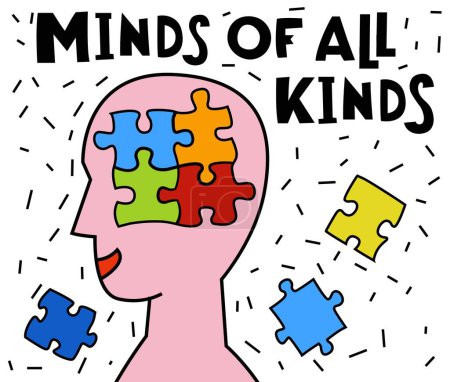 Minds of all kinds. Human mind, experience diversity. Neurodiversity, autism acceptance. Differences in personality characteristics. An inclusive, understanding society. Colorful vector illustration
