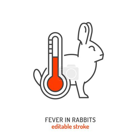Enfermedad del conejo y fiebre icono. Hipertermia en conejos. Temperatura corporal elevada, inflamación en mascotas. Preocupaciones de salud. Ilustración vectorial editable en estilo de línea aislada sobre fondo blanco