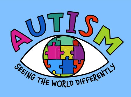 Tag des Autismus-Bewusstseins. Landschaftsplakat mit autistischer Spektrumstörung. ASD Banner, Druck. Editierbare Vektorillustration in lebendigen Farben mit kreativen Schriftzügen und Puzzle auf blauem Hintergrund