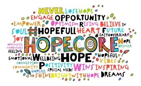 Hopecore aesthetic, philosophy based on hope and humanity. Looking for the bright side in any situation. Motivational trend. Beautiful wordlcloud. Vector illustration isolated on white background